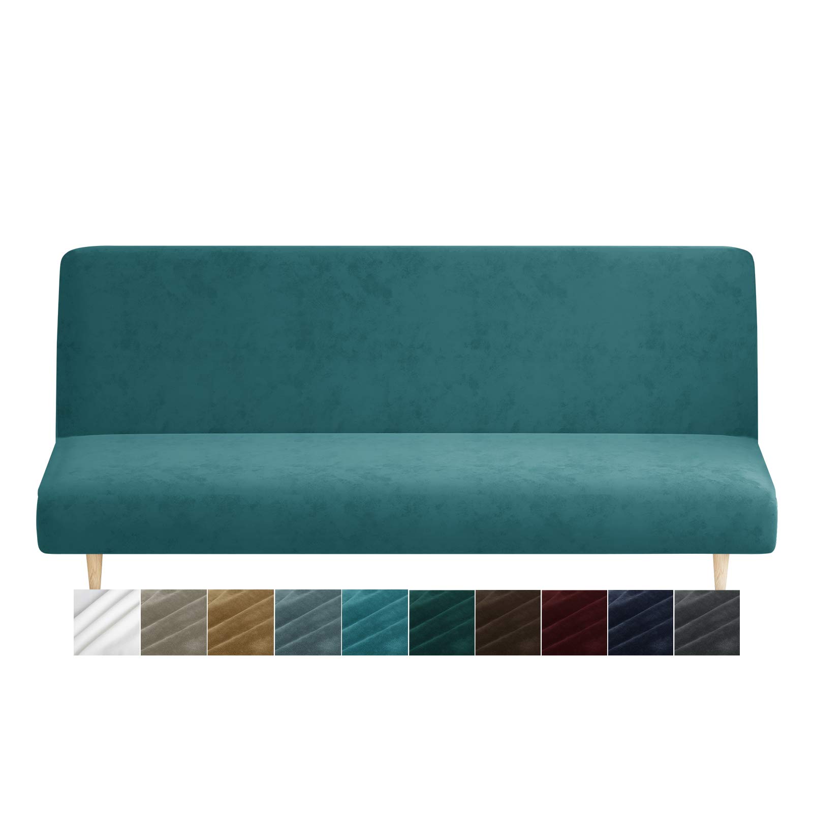XINEAGE Velvet Futon Cover High Stretch Armless Couch Covers Spandex Fabric Sofa Bed Slipcover Anti Slip Furniture Protector with Elastic Bottom Machine Washable (Futon, Peacock Blue) — image 1