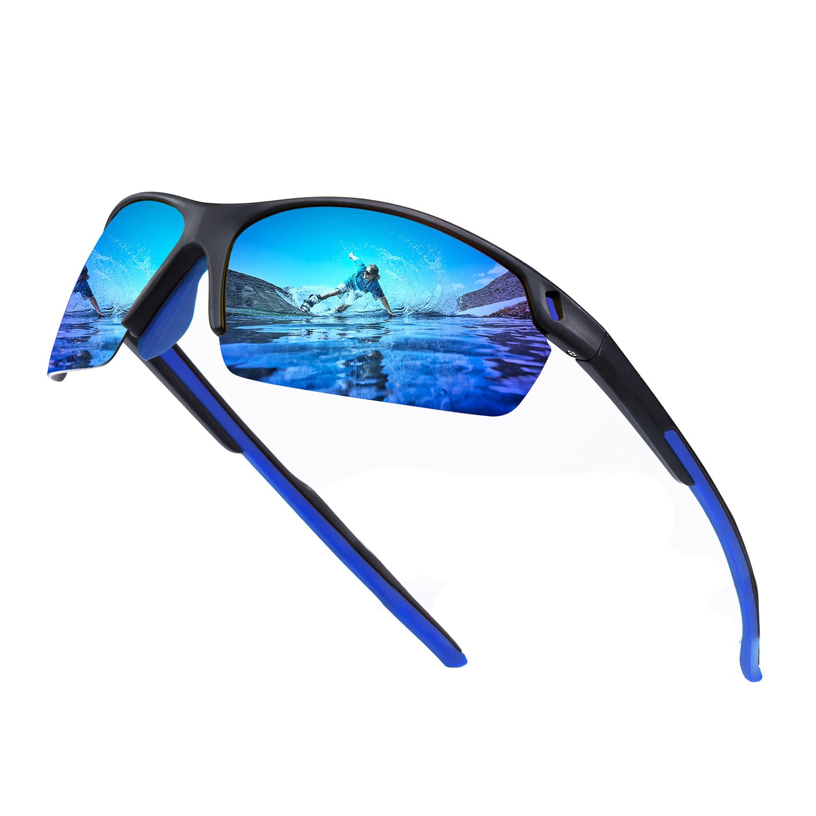 SKYWAY Polarized Sunglasses Women Men,Wrap-Around Sports Sunglasses for Cycling Running Fishing Baseball UV Protection SS8006 (Black Frame/Blue Lens)