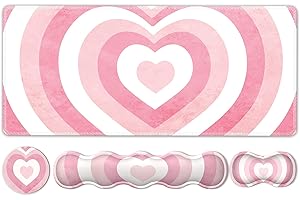 iLeadon Keyboard Mouse Pad Set, Large Gaming Mouse Pad + Keyboard Wrist Rest + Mouse Pad with Wrist Support + Coaster, Easy Typing Pain Relief, Desk Mat Set, Valentines Day Gifts for Her, Pink Heart