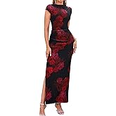 HTZMO Women Summer Floral Bodycon Maxi Dress Ruched Cap Sleeve Wedding Guest Formal Party Elegant Long Dresses