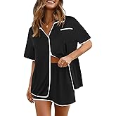Ekouaer Pajamas Set for Women Short Sleeve Casual Sleepwear Button Down Pj Sets Shorts Soft Loungewear for Summer,S-XXL
