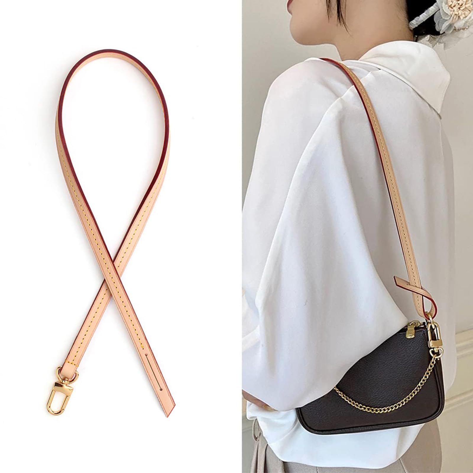 jiesinlov Genuine Vachetta Leather Replacement Bags Thin short Strap Shoulder Straps for Multi Pochette Boulogne pouchette Montaigne Accessories 20INCH (0.39Width Single Buckle 23.5Length)