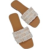 GORGLITTER Women's Summer Beach Flat Cute Sandals 2025 Color Block Faux Pearls Decor Leather Flat Slides