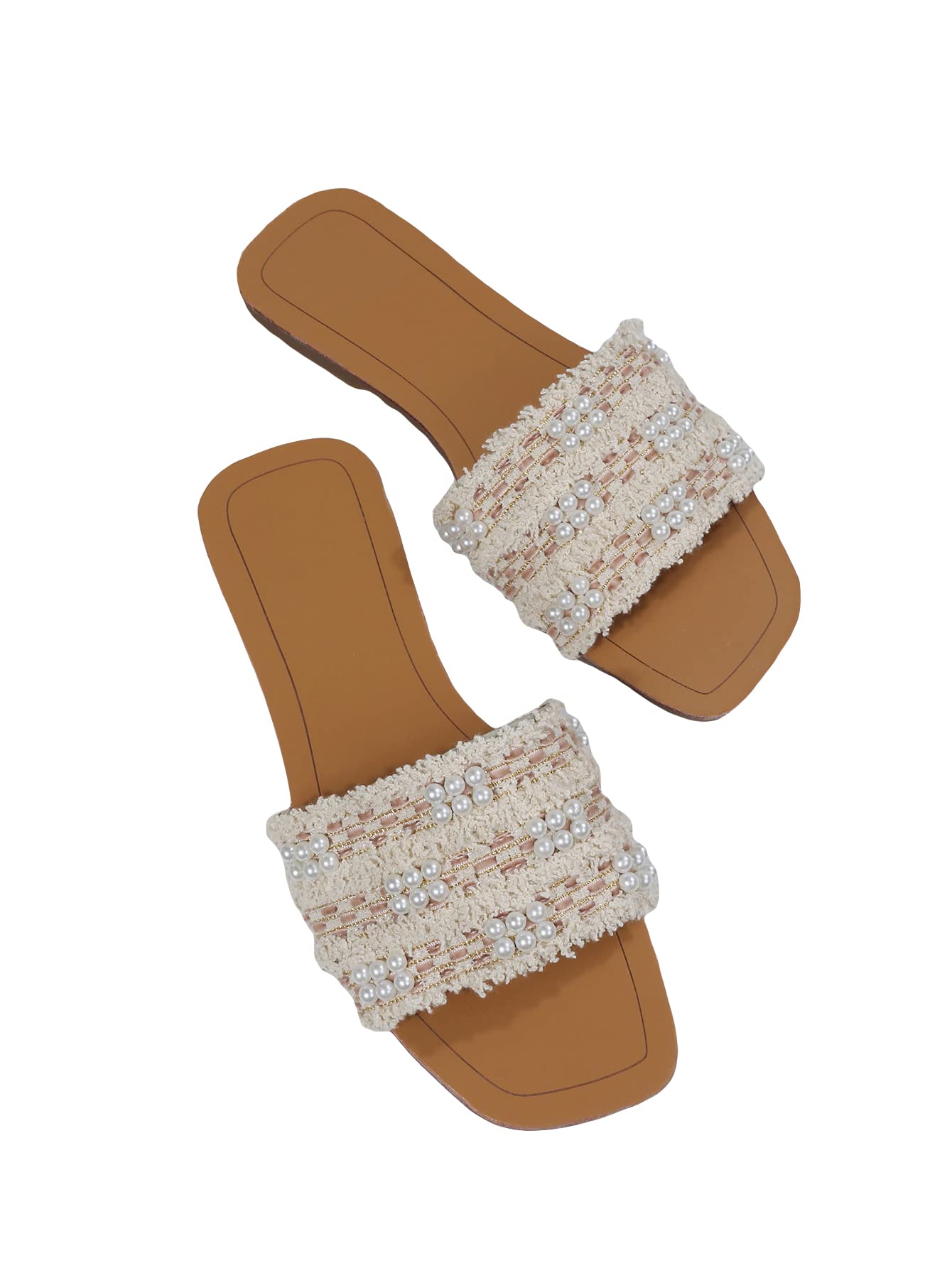 Photo 1 of GORGLITTER Women's Summer Beach Flat Cute Sandals 2025 Color Block Faux Pearls Decor Leather Flat Slides Beige and Brown CN41