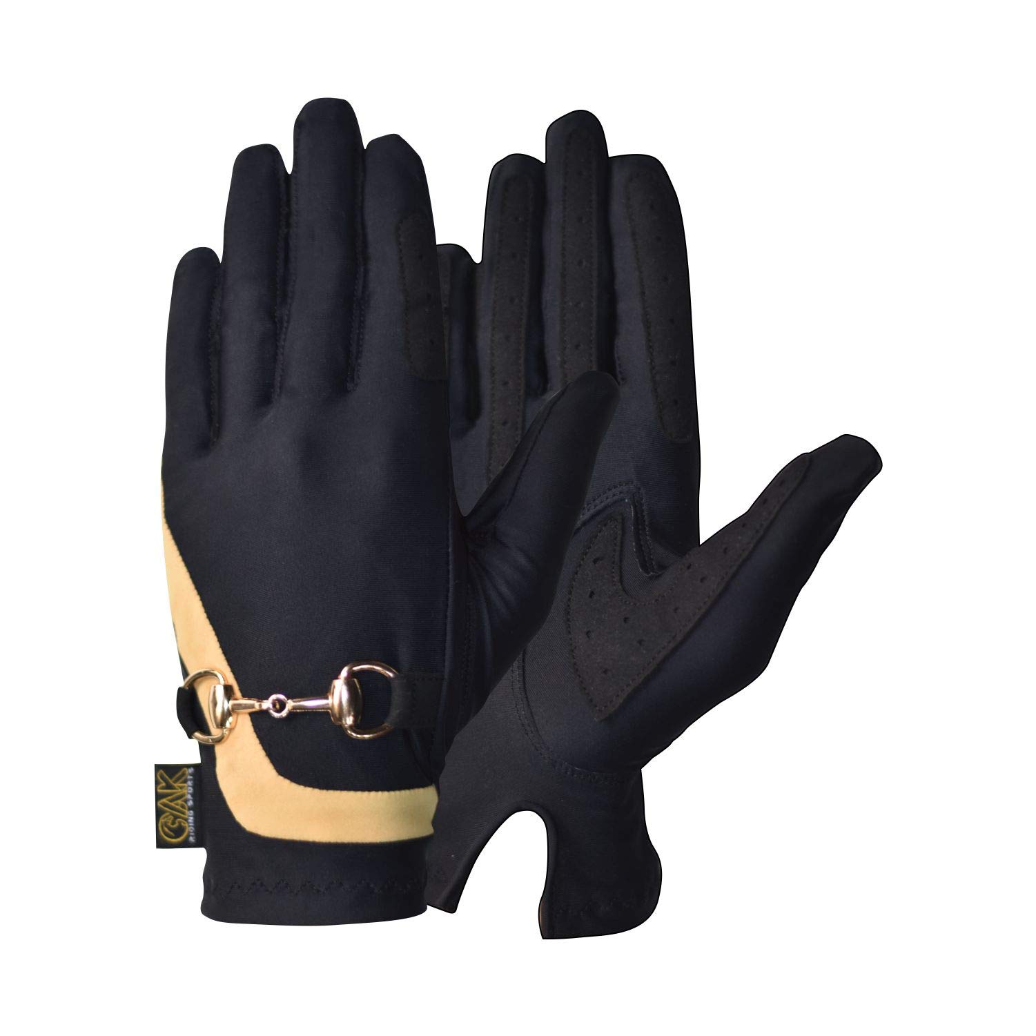 AK Horse Riding Gloves Equestrian Ladies Gloves with Bit Chain Running Gloves (Black/Gold, M)