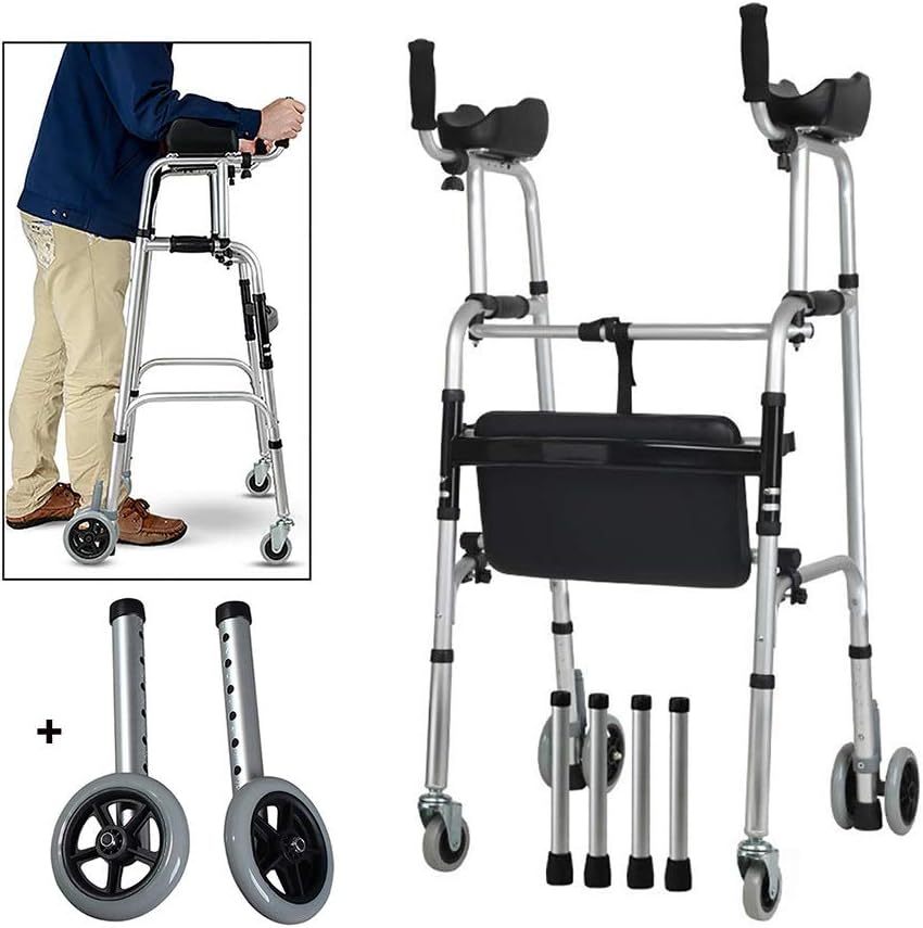 Papo's aids Aluminium Foldable Walking Frame,Wheeled Walker with Arm Rest,Walking Mobility Aid，,Lower Limb Trainer,Standard Walker (Color : 6 Wheels+4 Walker Legs+seat): Health & Personal Care