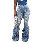 Kwunbwa Women's Flare Ripped Pearl Jeans High Waisted Feather Bell Bottom Y2K Distressed Denim Pants Streetwear