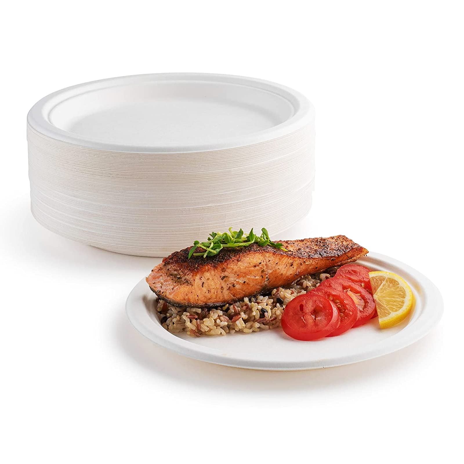 Max Solutions 50 Pack 7 inch (18cm) Bagasse Plates Super Strong Disposable Biodegradable Compostable Party Plates with Eco Friendly Packaging Picnics BBQ Parties