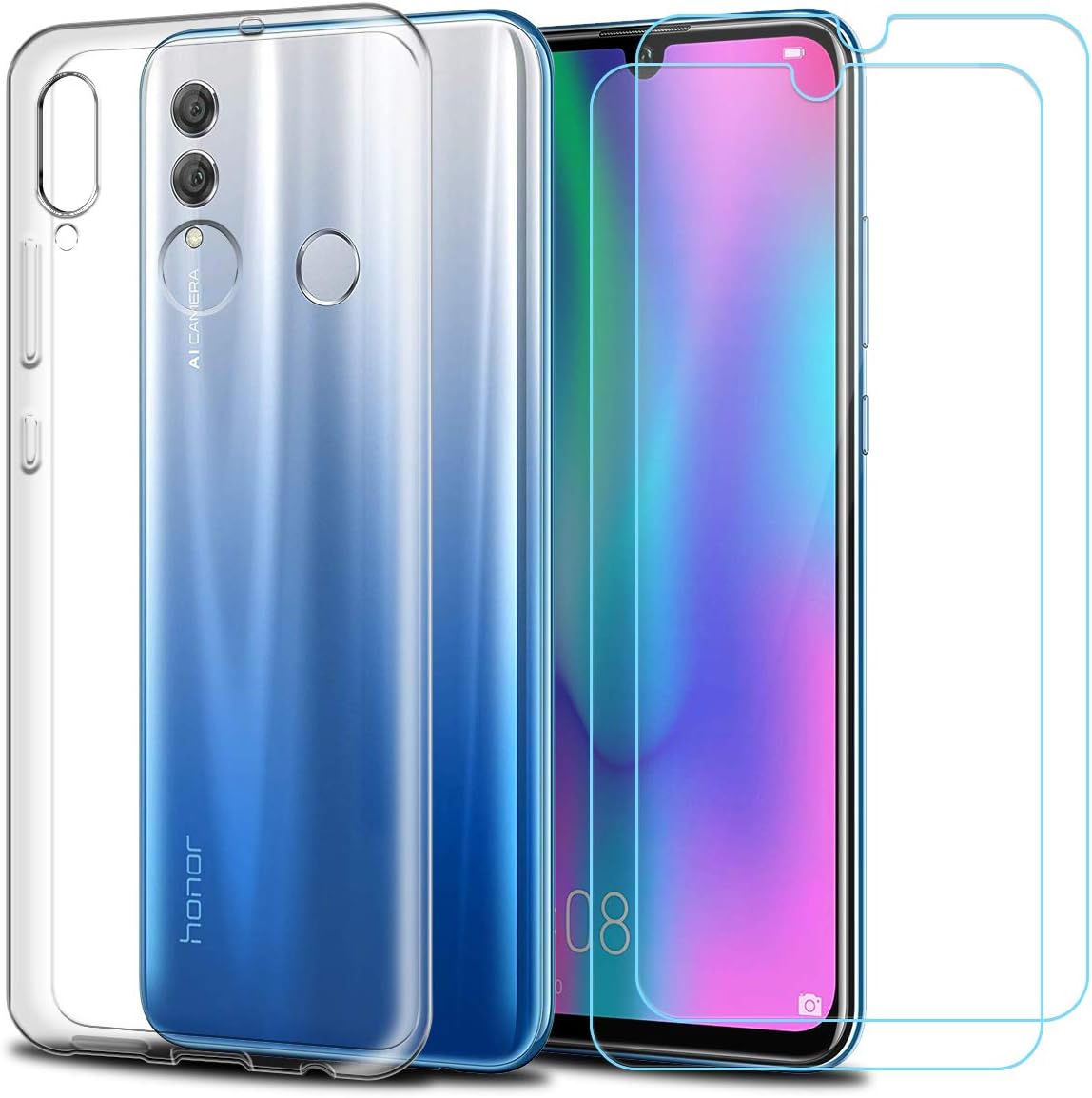 Case for Huawei Honor 10 Lite,Soft Transparent TPU Gel (Model clear) Silicone [Anti-Scratch] [Shockproof] Protective Cover for Huawei Honor 10 Lite with Two Tempered Glass Screen Protector Film