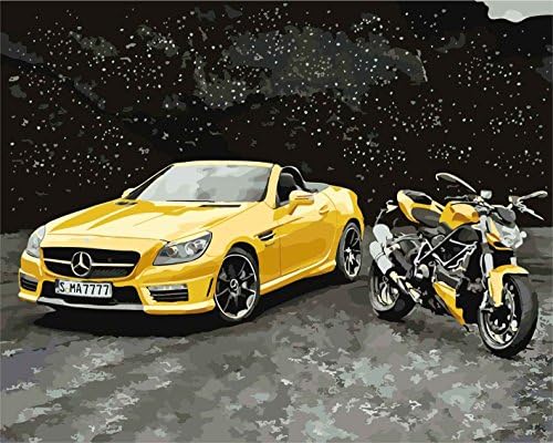 DIY PBN-paint by numbers Sports car and Motorcycle 16-by-20 inches Frameless.