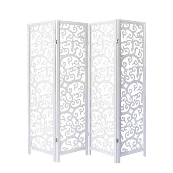 Homestyle4u 1056, Paravent Raumteiler 4 teilig, Kiefer Holz Ornamente, Weiß