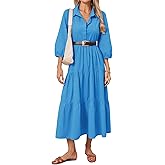 Women Button Down Maxi Shirt Dress Long Sleeve Flowy Tiered Collared Dresses with Pockets