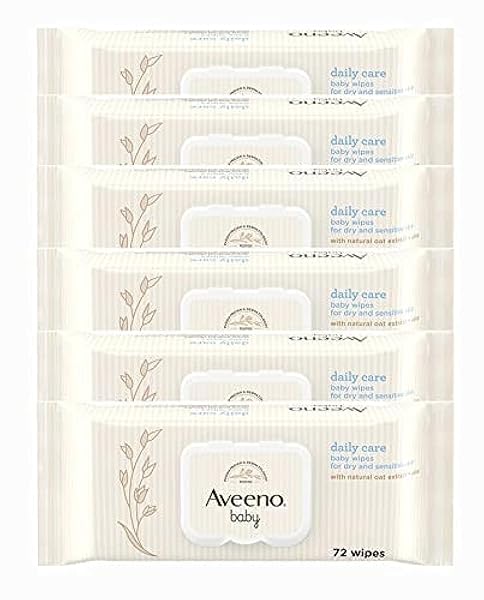 AVEENO BABY DAILY CARE WIPES – CLEANSE GENTLY AND EFFICIENTLY – BABY WIPES – BABY ESSENTIALS – 72 WIPES, LID ON EACH PACK, PACK OF 6 (432 WIPES IN TOTAL)