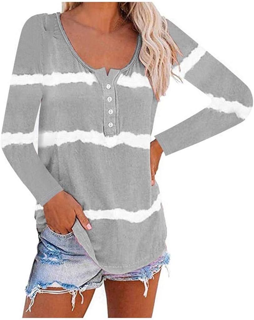 Xinantime Womens Hipster Striped Button T-Shirt Tie-Dye Scoop Neck-Henley Shirts Summer Loose Casual Long Sleeve Tops