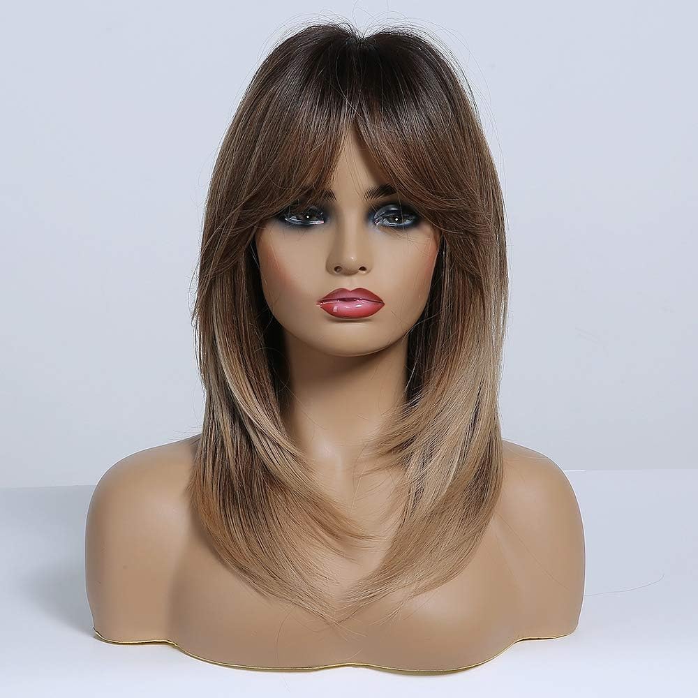 HAIRCUBE Long Brown Wigs for Women Layered Synthetic Hair Wig with Fringe, Ombre Brown to Blonde with Dark Roots - Image 3