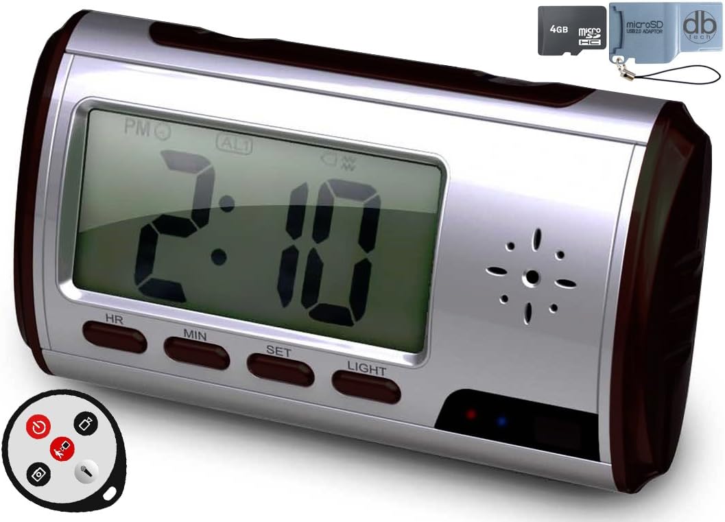 New Version Talking Alarm Clock (Black) with Built-in Motion Sensor Video Camera with Remote - Includes 4gb Micro SD Card + DBTech Micro Card Reader
