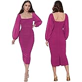 MllesReve Women Long Puffy Sleeve Midi Wedding Guest Dress Ruched Bodycon Tea Length Cocktail Party Dresses Graduation Gown