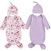 woshilaocai 2 Pack Baby Boy Girl Gown Sleeper Newborn Knotted Nightgown and Hat Set Infant Sleepwear