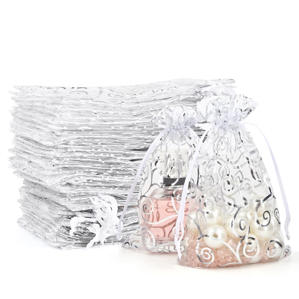 YFZYT Pack of 100 Organza Bags, Jewelry Pouch Pocket with Drawstring ＆ Bronzing Pattern for Chocolate, Sweets, Cookie as Gift Packing - 15 x 20 cm, Silver White