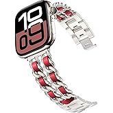 DEALELE Bands Compatible with Apple Watch 49mm 46mm 42mm 45mm 41mm 44mm 40mm 42mm, Metal with Leather Chain Replacement Strap for iWatch Series 10/9 / 8/7 / 6/5 / 4/3 / SE/Ultra Women Men