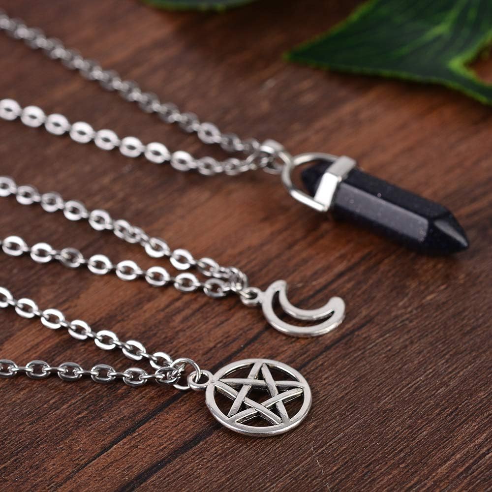 MJartoria Moon Pentagram Necklace Pentacle Chakra Charm Pendant Multi Layer Alloy Chain Choker Necklace Set Gothic Jewelry (Silver star hexagonal column-3pcs): Clothing