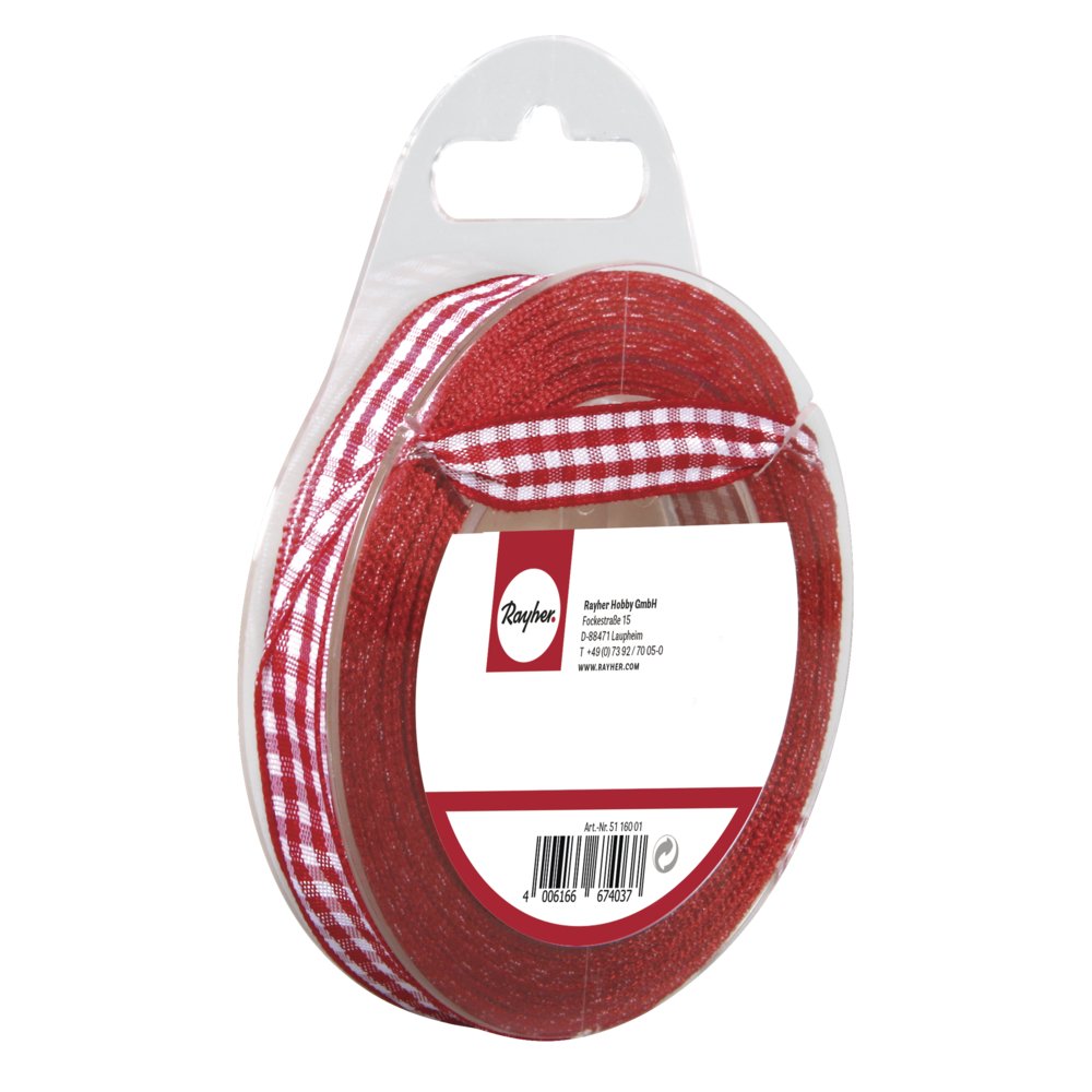 RAYHER 5540818 Checked Ribbon 9.5 mm roll 10 m, red