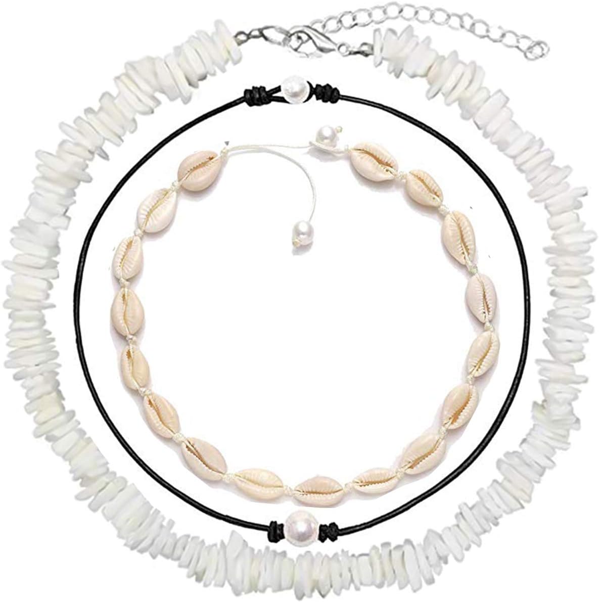 HUASAI 3 Pcs Puka Shell Necklace Ocean Hawaiian Seashell Pearls Silver Vsco Choker Necklace Statement Necklace Bracelet Set