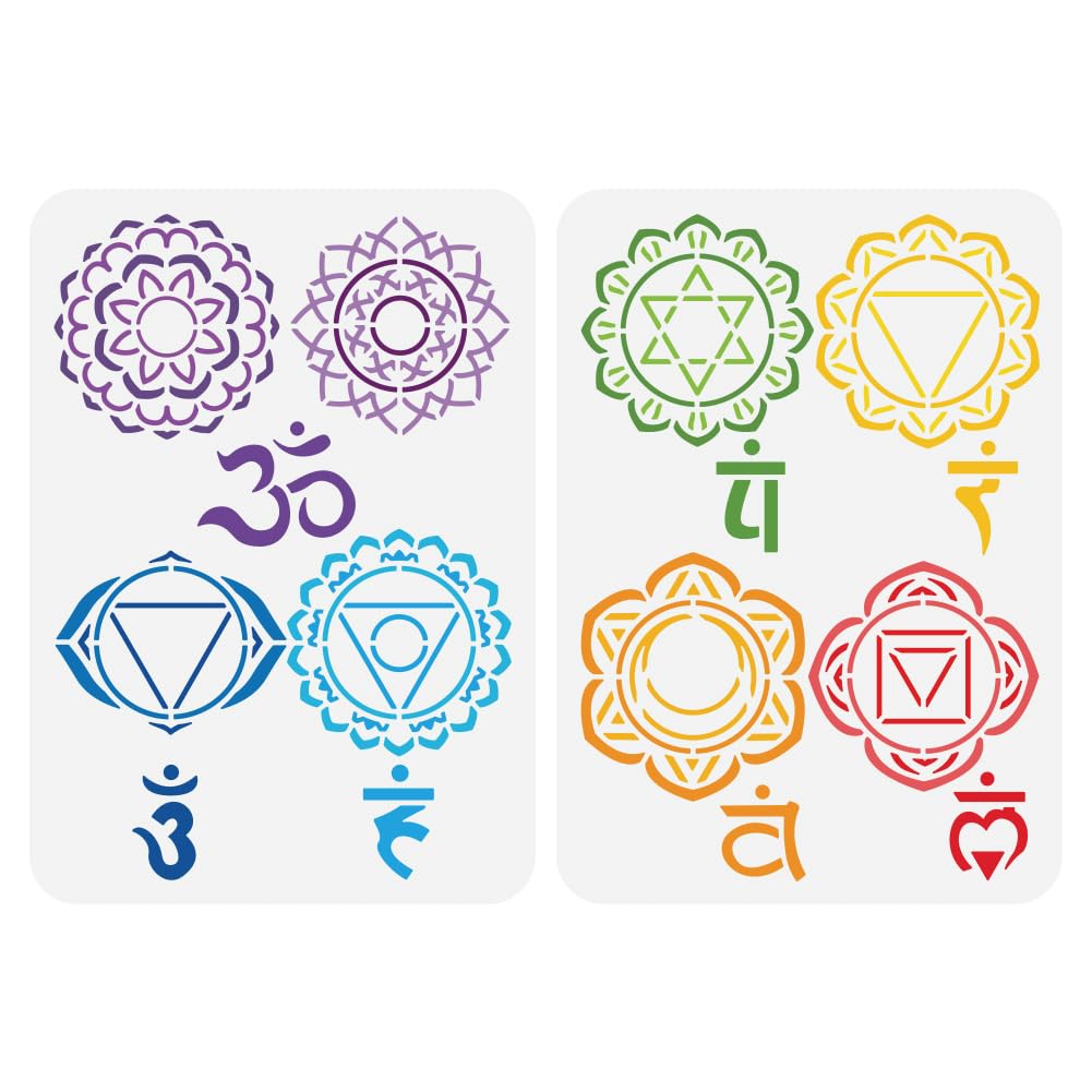 FINGERINSPIRE 2PCS Chakra Symbols Painting Stencil 21x29.7cm Reusable Yoga Meditation Stencil Plastic Mandala Flower Stencil Yoga Symbols Stencil Template for Painting on Wall Canvas Tile Furniture