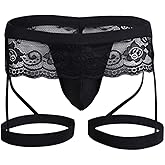 Kinizpl Men's Lace Underwear Sexy thong Sheer Pouch Garter Panties Crossdressing Sexy Lingerie Sissy Underpants