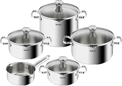 Duetto Topfset Induktion 9-teilig, robuster und hochwertiger Edelstahl, Induktions Töpfe Set mit Siebdeckel, backofengeeignet bis zu 260°C (ohne Deckel), für alle Herdarten geeignet, A705S9
