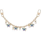 LuneClat Butterfly Pearl Decorative Bag Charms - Gold Bagchain with Blue Butterflies Pendant, Replacement Extension Chain for Tote Shoulder Bags Handlebag Chains Straps for Women Crossbody