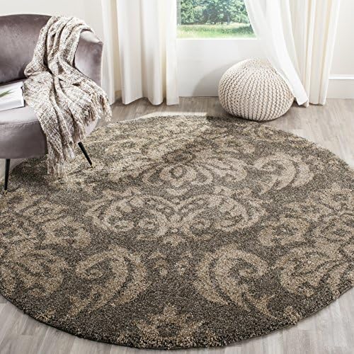 Safavieh Florida Shag Collection SG460-7913 Damask Textured 1.18-inch Thick Area Rug, 5' Round, Smoke/Beige