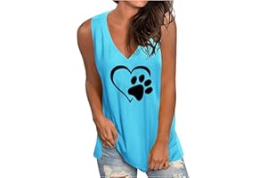 Mzkdieey Women's Dog Paw Love Heart Tank Tops Dog Lover Shirts Cute Dog Mom Tops Summer Casual Sleeveless V Neck T-Shirt