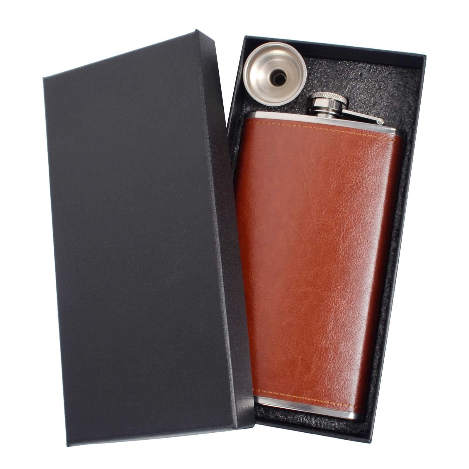 Joy Depot Hip Flasks for Men 12oz with Funnel Stainless Steel Pocket Hip Flask Alcohol Flask for Discrete Shot Drinking of Whiskey Rum Vodka Gift - Brown