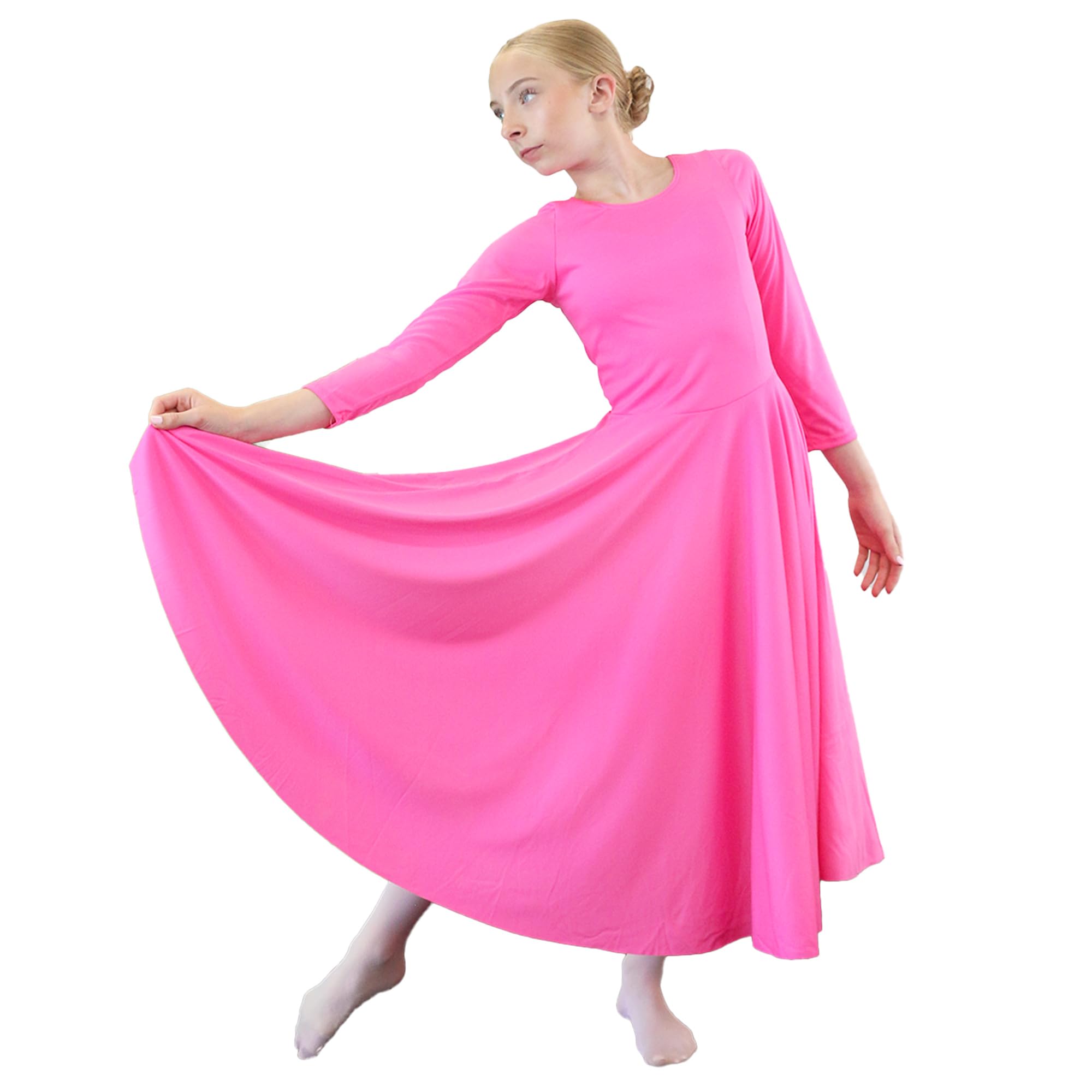 Danzcue Girls Praise Loose Fit Full Length Long Sleeve Dance Dress, Hot Pink, 6-7 Image