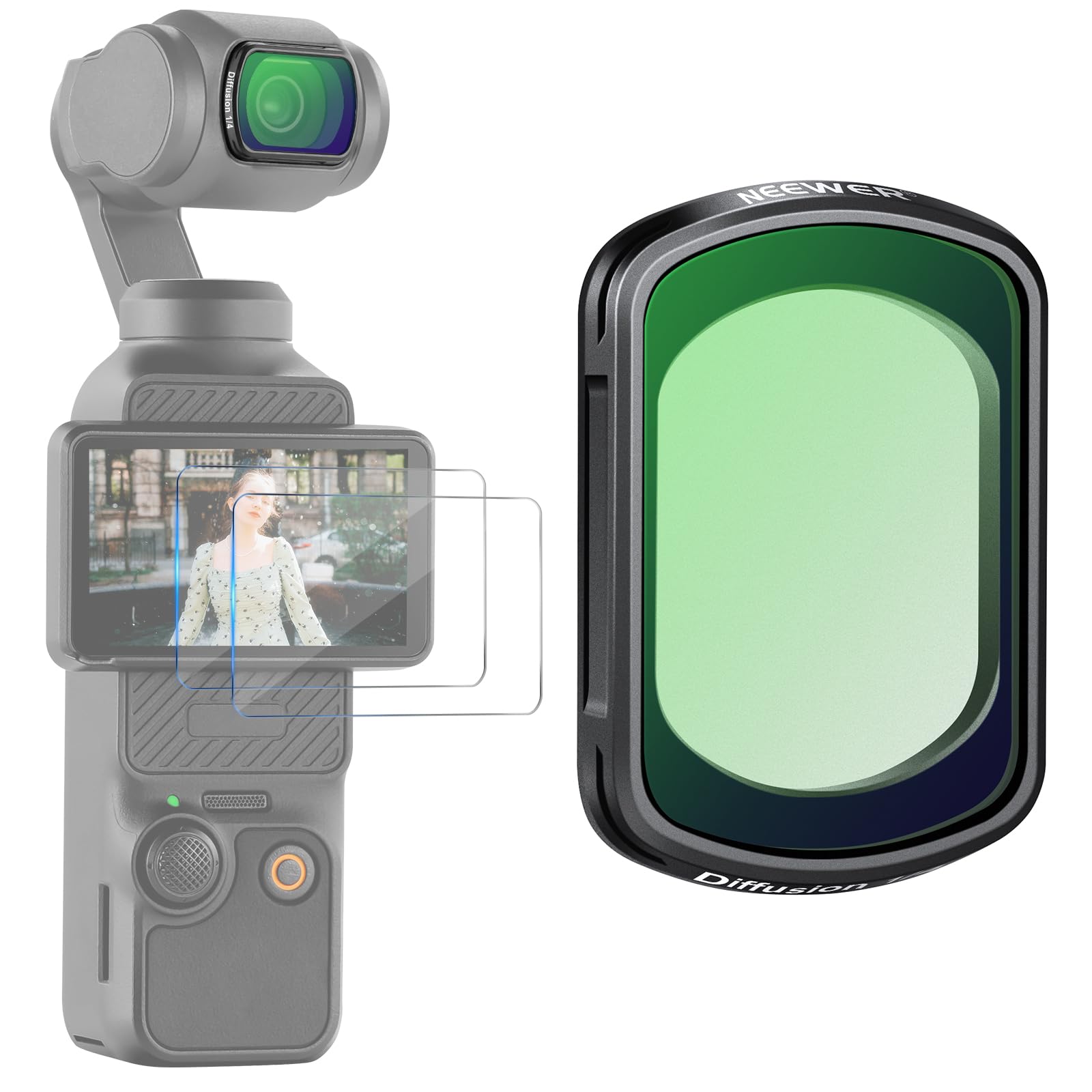 NEEWER Magnetic Black Diffusion 1/4 Effect Filter Compatible with DJI OSMO Pocket 4 & 3, Dreamy Cinematic Lens Filter Ultra Slim Frame & Multi Coated HD Optical Glass, 2 LCD Touch Screen Protectors