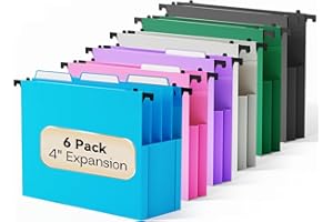 NORDUN Plastic Extra Capacity Hanging File Folders,6 Pack Heavy Duty 4" Expanding Pocket with Movable Dividers,Large Hanging Folders, Letter Size Filing Cabinet,Adjustable Tabs,for Bulky Files,Colorful