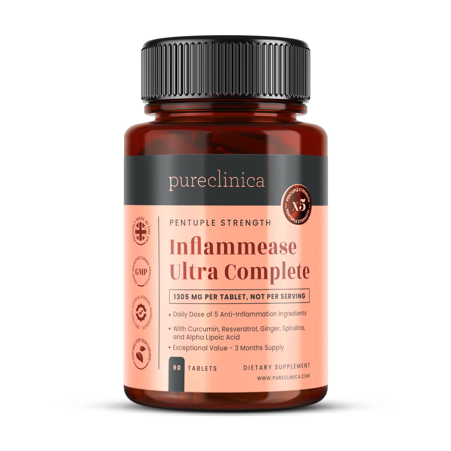 INFLAMMEASE Ultra Complete – 1305mg | 90 Tablets | 3 Months Supply | 5-in-1 Anti-Inflammatory Supplement with Ginger, Curcumin, Spirulina, ALA & Resveratrol | Made in UK | Joint & Immune Support