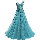 YMSHA V Neck Tulle Prom Dresses 2026 Long Sparkly Lace Formal Party Dress CLN011