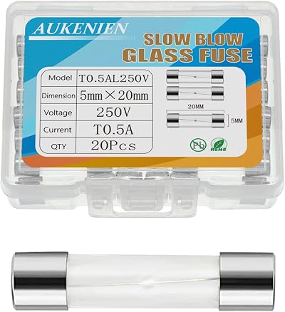 AUKENIEN T0.5AL250V 5x20 Slow Blow Glass Fuse Pack of 20 0.5A 250V