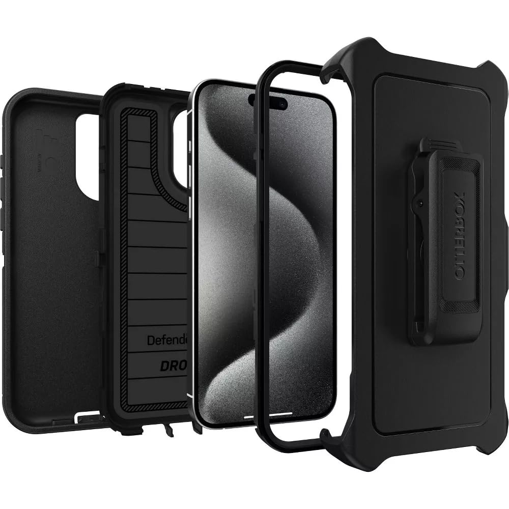 OtterBox iPhone 15 Pro Max (Only) - Defender Series Case - Black - Screenless - Rugged & Durable - with Port Protection - Holster Clip Includes - Microbial Defense Protection