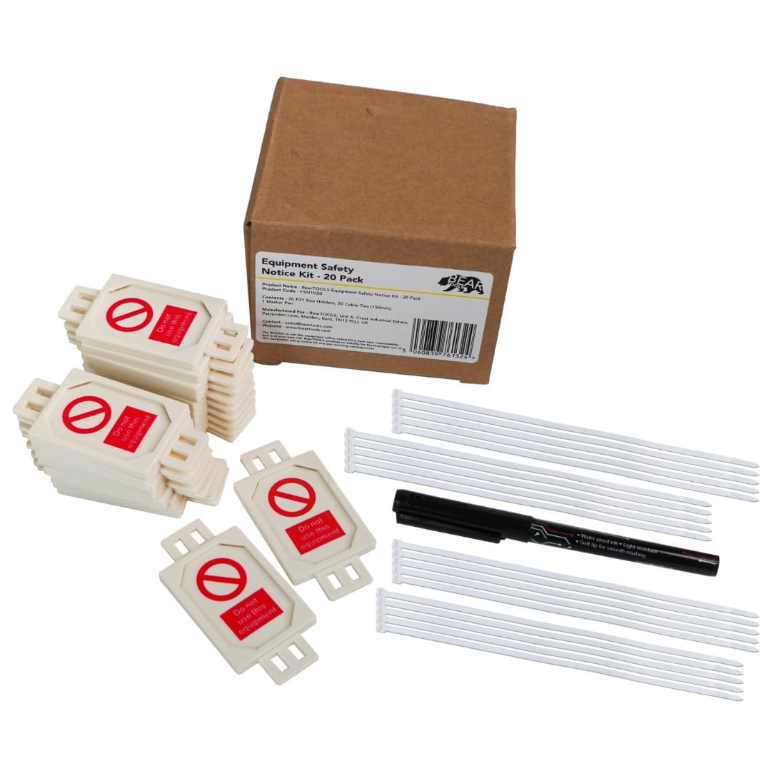 BearTOOLS Equipment Safety Notice Kit, Plant and Machinery, Prohibition Status Symbol, Hazard Prevention, Highly Visible, PAT Testing, Do Not Use, Available Inserts (20 Holders, 40 150mm Ties, 1 Pen)