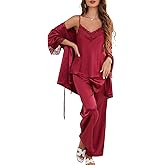 Moreone Women's Silk Satin Pajama Set 3-Piece with Robe, Sexy V-Neck Lace Cami Top and Long Pants, Luxury Soft Sleepwear
