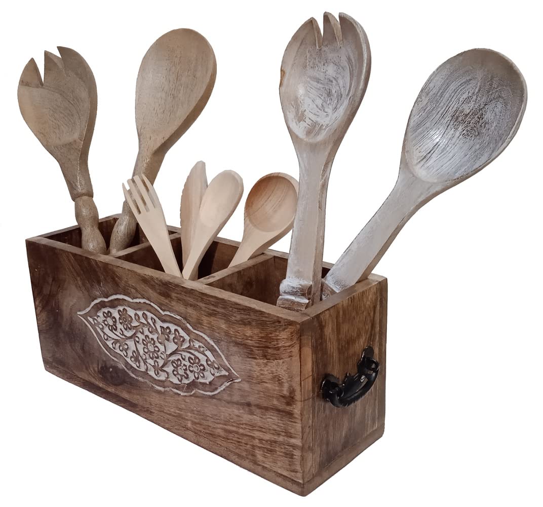 Purpledip Wooden Multipurpose Holder Stand: Stack Cutlery, Pens, Brushes Or Makeup; Vintage Design Kitchen Dining Desk Organizer (12528A)