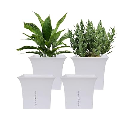 EQUALITY OVERSEAS 8.6 inch Square Plastic Planters Ceramic Finish Flower Plant Pots Modern Decorative Gardening Pot (White Pack of 4)