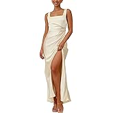 Fiemaoves Summer Vacation Satin Maxi Dresses for Women 2025 Square Neck Formal Elegant Tank Top Wedding Guest Dress with Slit