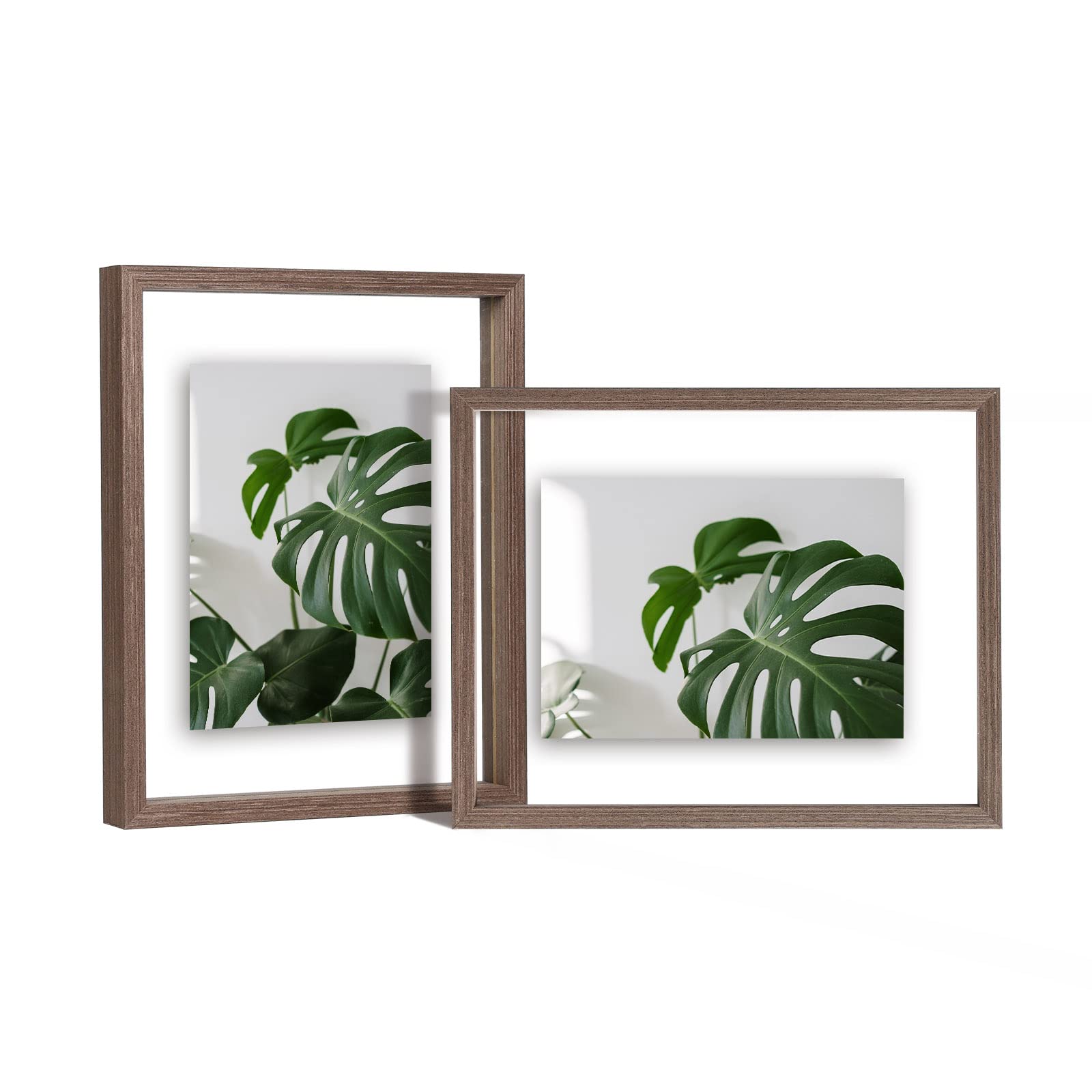 EGOFINE 10x8 Floating Frames Set of 2, Double Acrylic Glass Picture Frame, Made of Solid Wood Display Any Size Photo up to 10x8, Wall Mount or Tabletop Standing, Brown