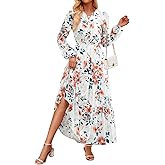 ZESICA Spring Dresses for Women 2026 Long Sleeve Boho Floral V Neck Empire Waist A Line Casual Flowy Wedding Guest Maxi Dress