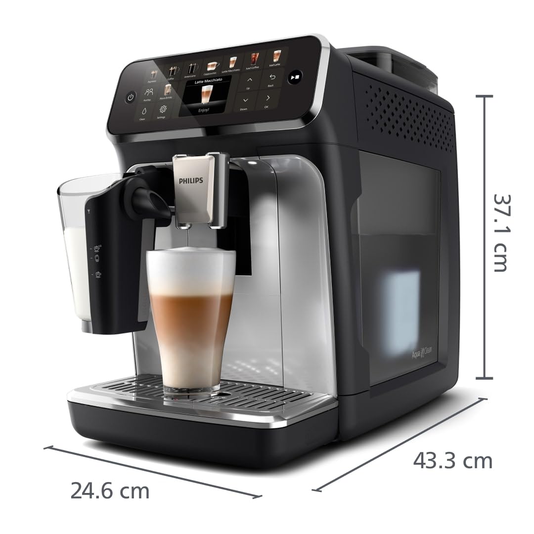 Philips Serie 5500 Kaffeevollautomat – LatteGo Milchsystem, 20 heiße und kalte Kaffeespezialitäten, 40% leiser mit SilentBrew, QuickStart, Schwarz und Silber (EP5546/70)