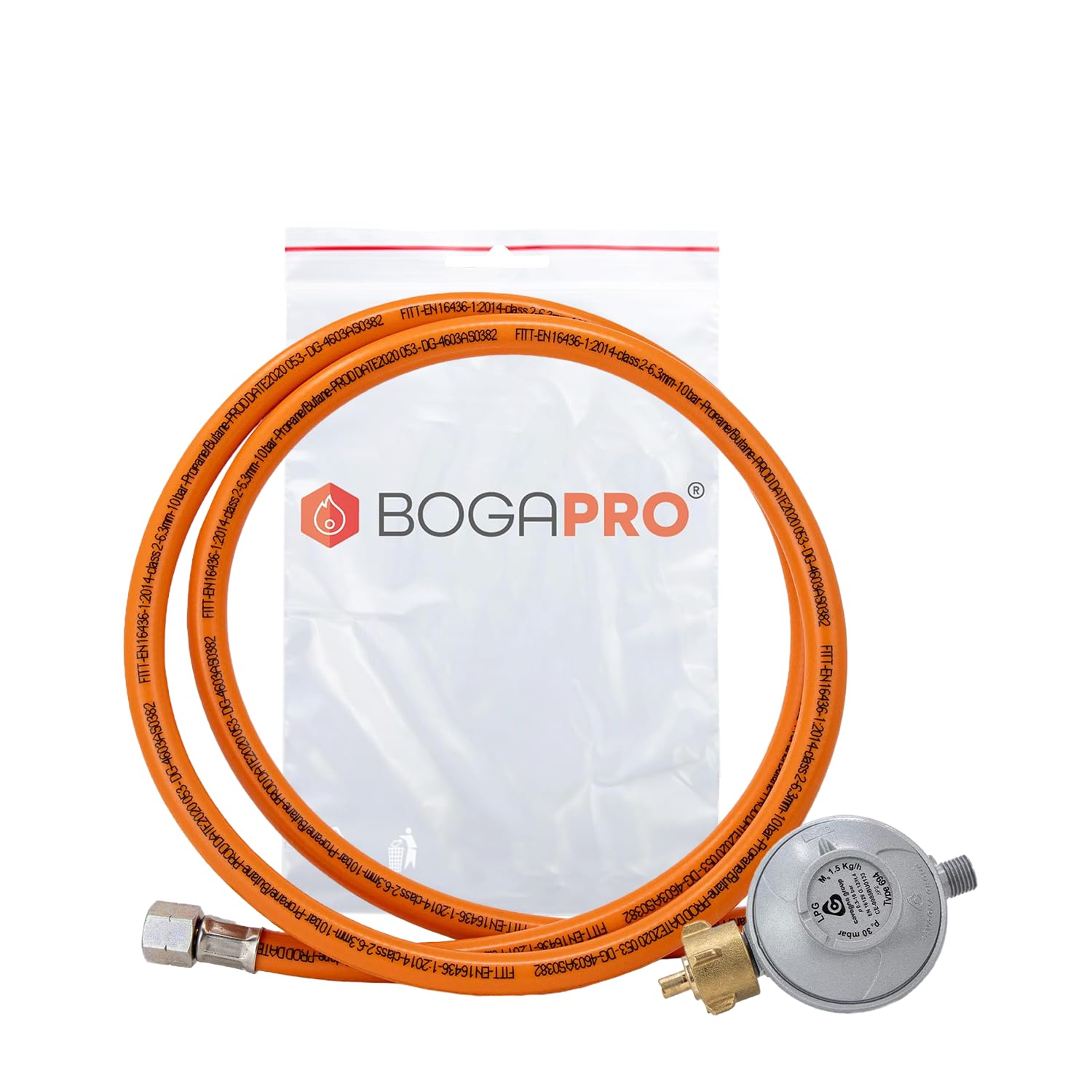 BOGAPRO Gas Pressure Regulator with Gas Hose, 30 mbar, Orange, Rubber, 1.5 meters, 6 mm, 1 item